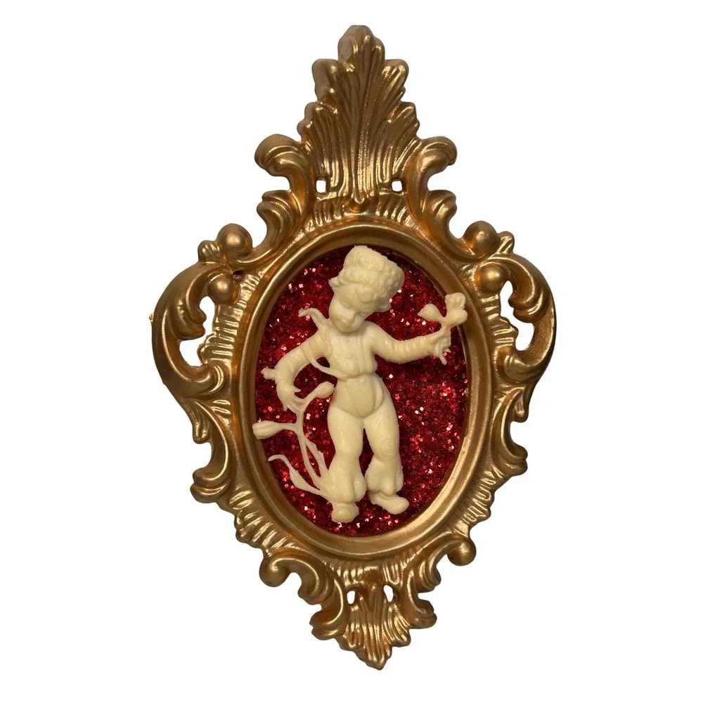 Dutch Boy Girl Gold Framed Glitter Wall Kitsch Art Hong Kong Mid Century 1950s